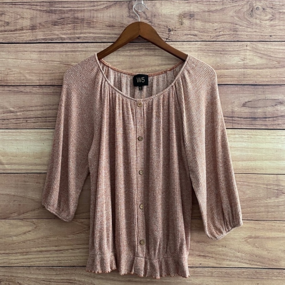 Anthropologie W5 | Scoop Neck Ruffle Hem 3/4 Sleeve Top (Size L)